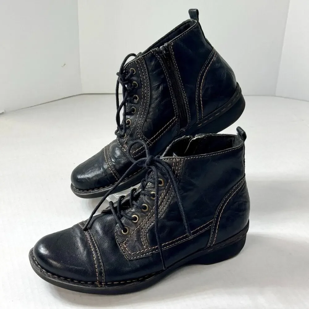 Clarks Leather Ankle Boots Lace Up Side Zip Wedge W6 Black